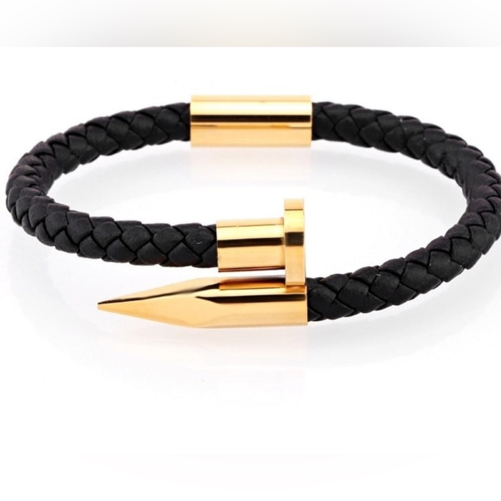 Men’s 18K Gold Plated Stainless Steel & Genuine Leather Magnetic Bracelet – 8”